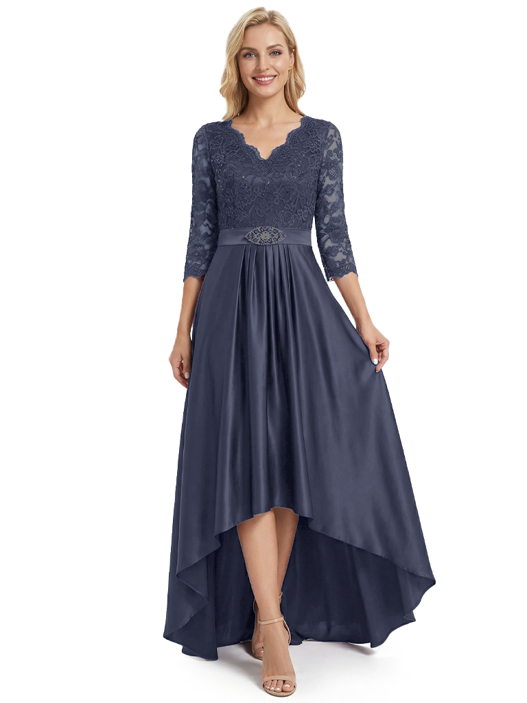 Chicsew Elegant Mother Of The Bride Dress V-Neck Sleeve Lace Satin High-Low Gown