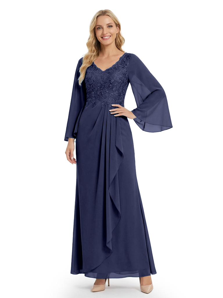 Chicsew Mother of The Groom Dresses V-Neck Long Sleeve Lace Chiffon Maxi Gown Unique Ruffled Formal Bridal Party Dress