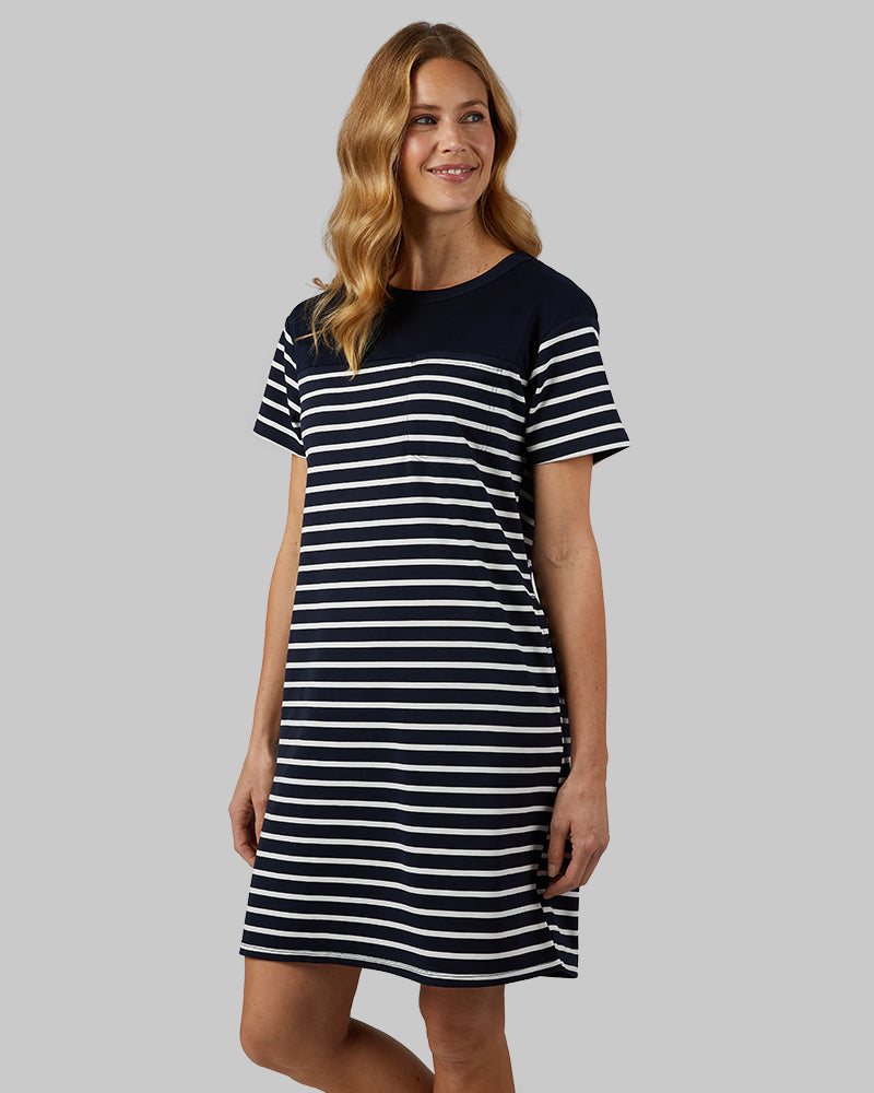 WOMEN'S LUXE KNIT POCKET DRESS - NAVYOFF WHITE STRIPE