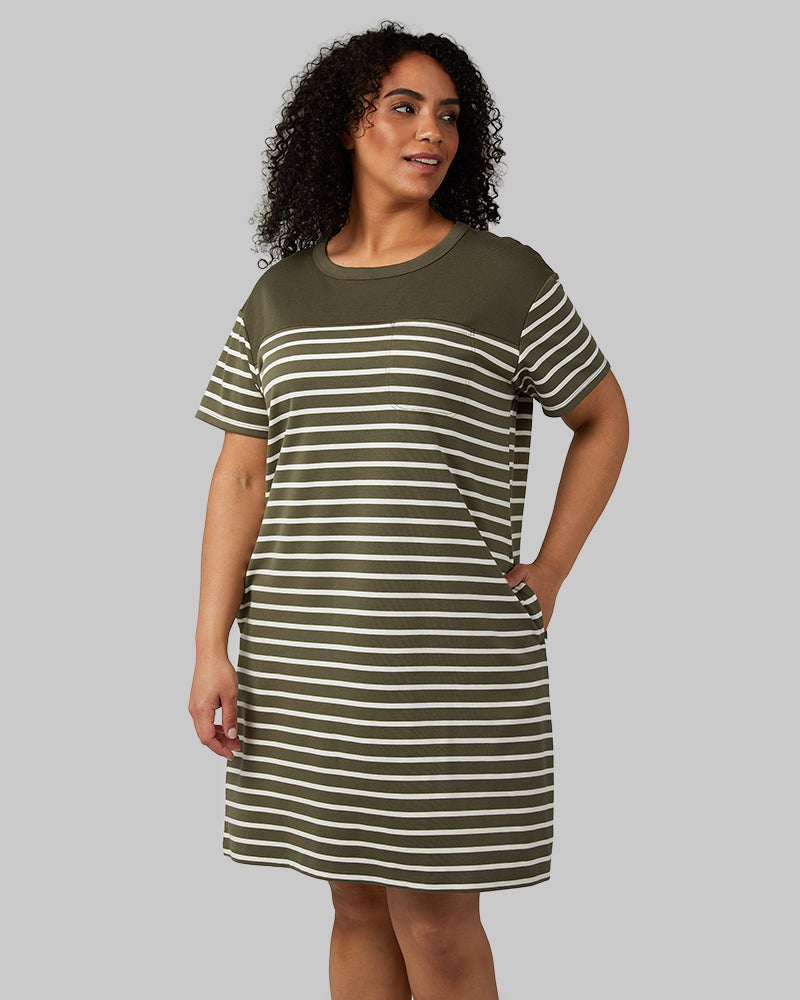 WOMEN'S LUXE KNIT POCKET DRESS - MILITARY OLIVEOFF WHITE STRIPE