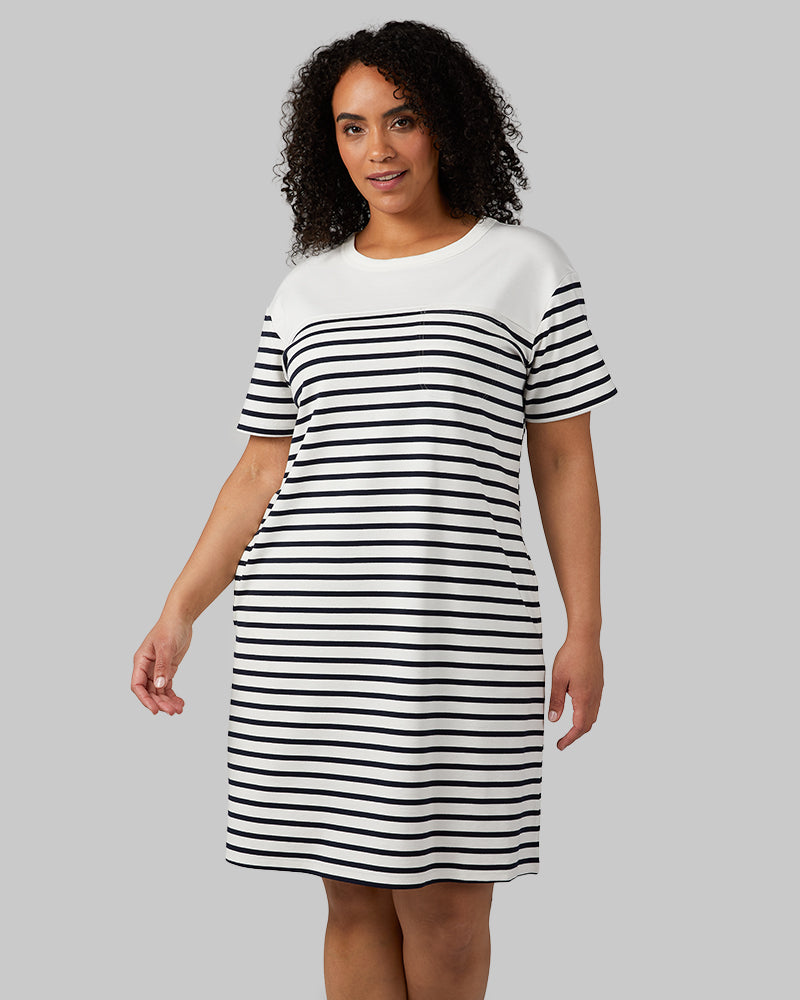 WOMEN'S LUXE KNIT POCKET DRESS - OFF WHITENAVY STRIPE