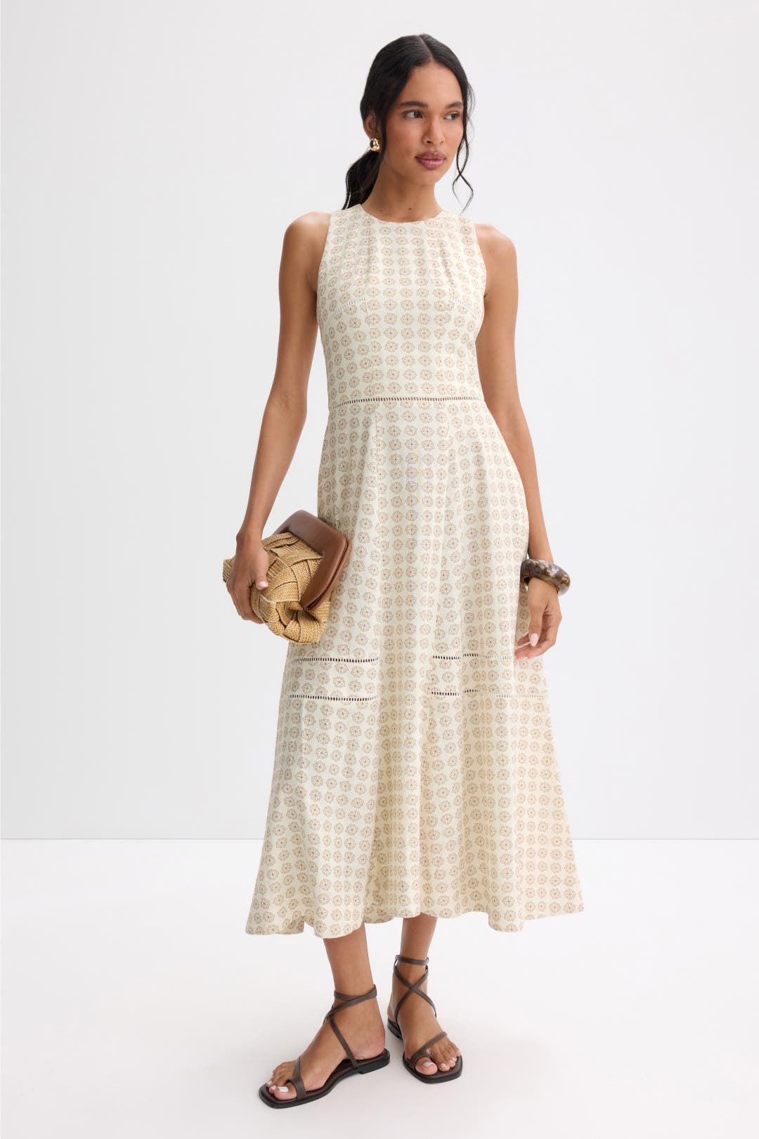 Ted Baker London Sleeveless High Neck Midi Dress Cream-brown-print