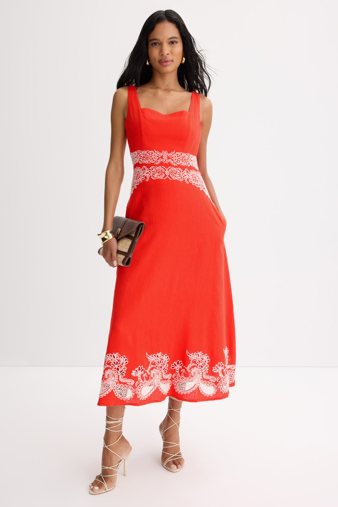 Ted Baker London Square Neck Embroidery Detail Dress Red-white-print