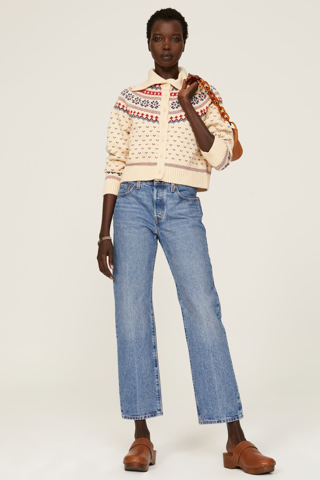 The Great. Mini Collar Cardigan Cream-multicolored-print