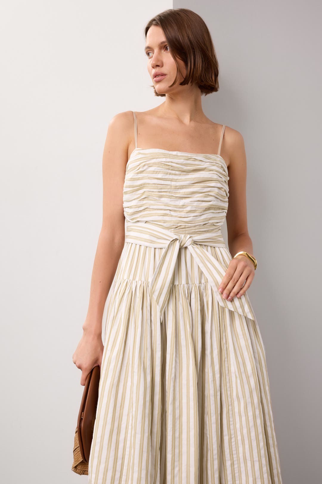 Toccin Cameron Ruched Midi Dress Brown-white-print