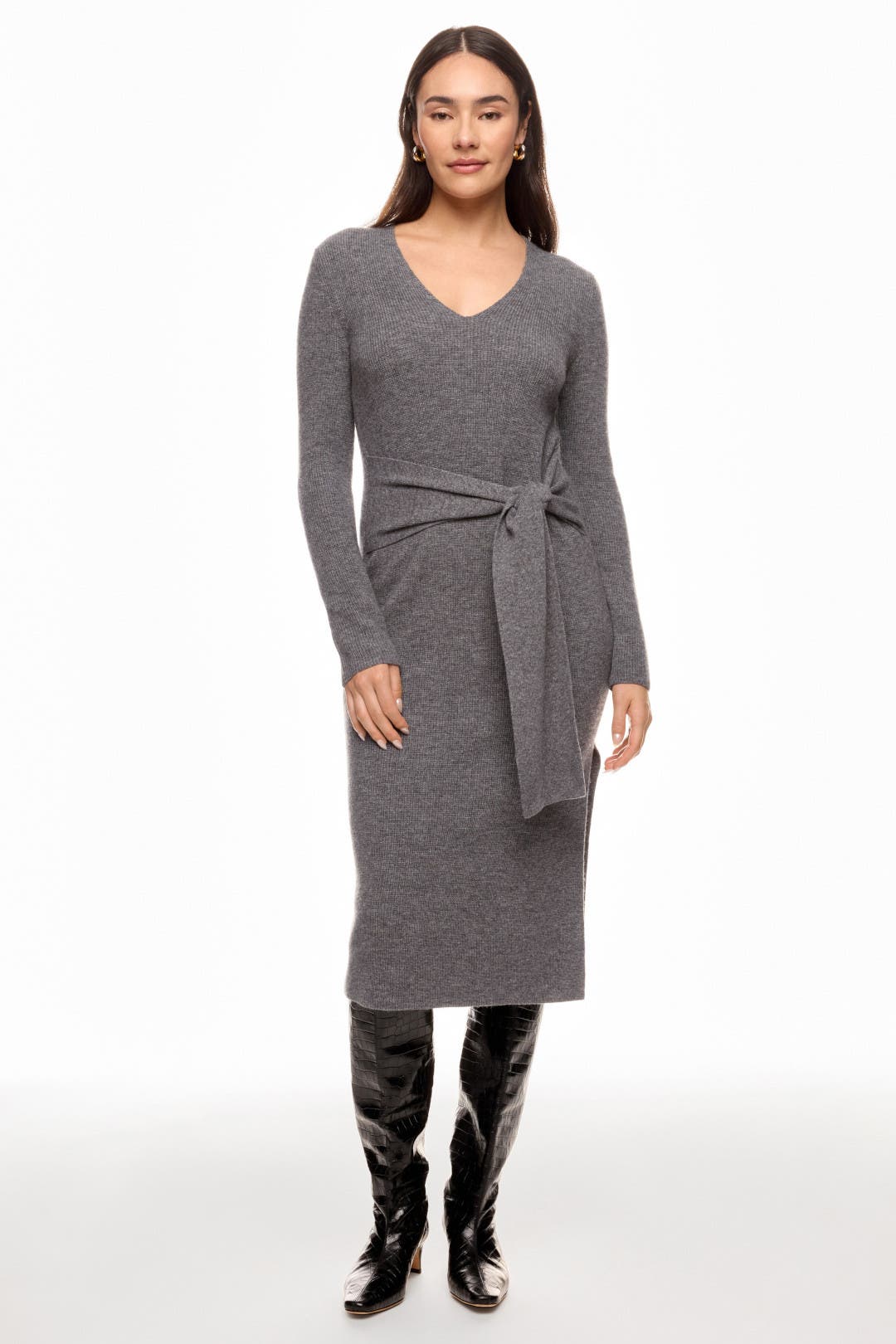 Toccin Sweater Knit V-Neck Tie Front Dress Grey