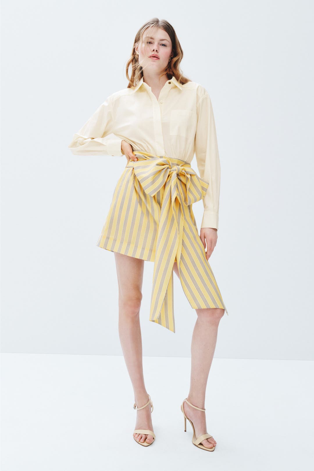 Toccin Solid and Striped Bow Shirt Dress Yellow-cream-print