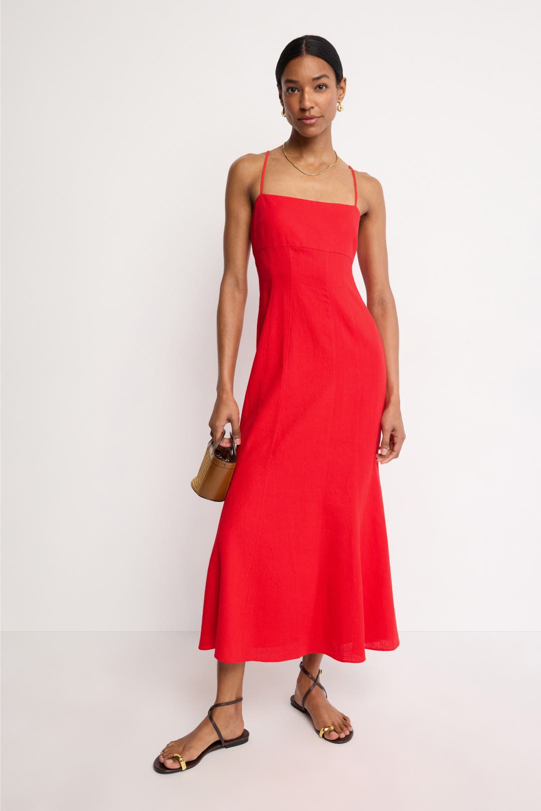 Toccin Linen Sculpted Midi Dress Red