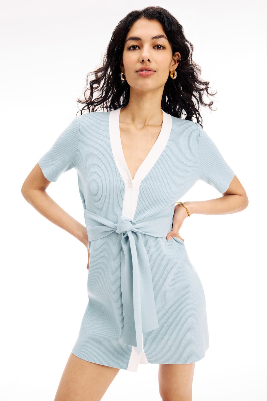 Toccin Front V-Neck T Shirt Dress Blue-white-print