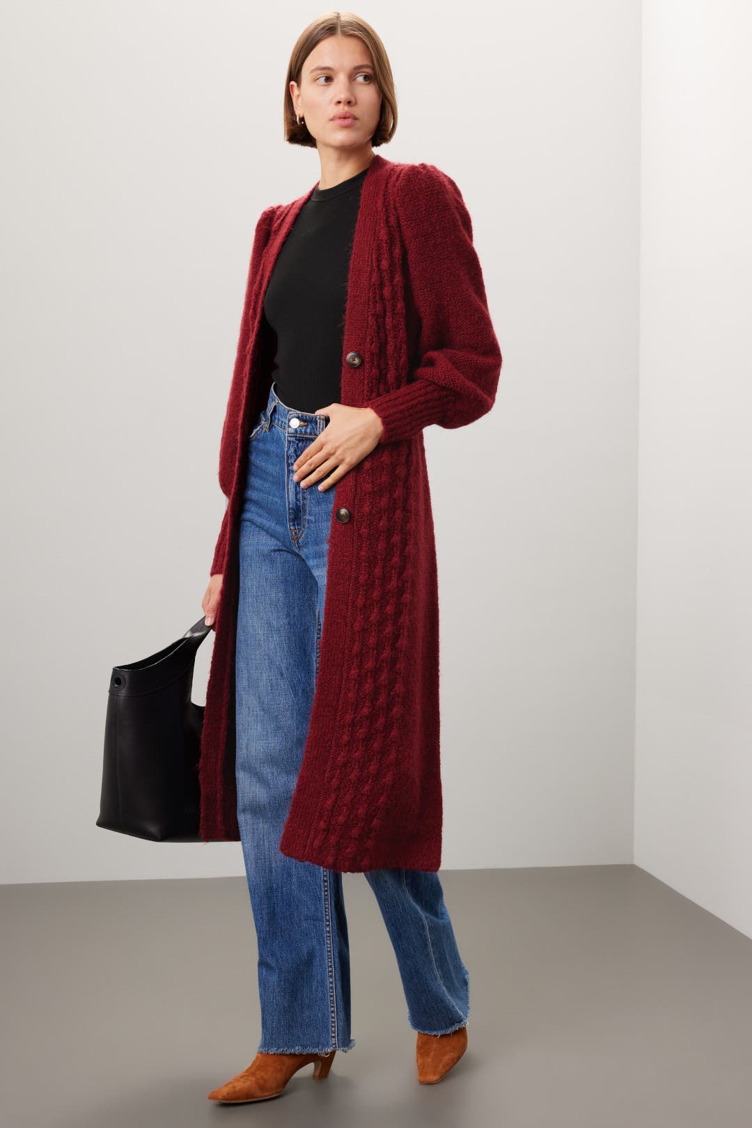 Toccin Knit Puff Sleeve Cardigan Red