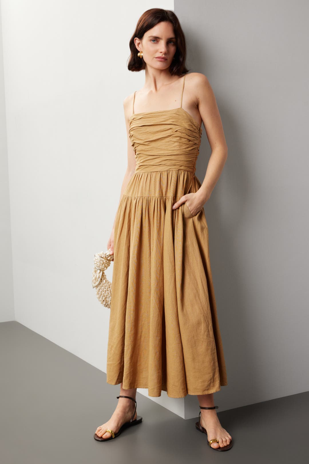 Toccin Ruched Tie Midi Dress Brown