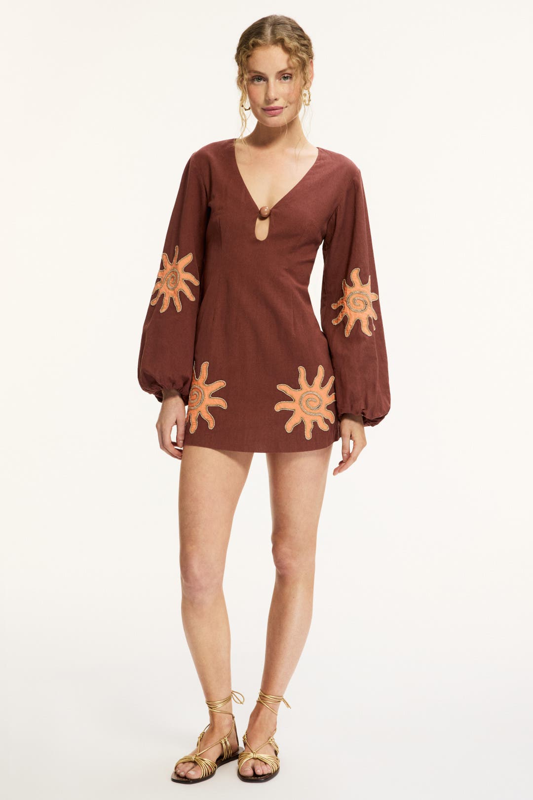 The Wolf Gang Sueno Long Sleeve Mini Dress Brown-orange-print