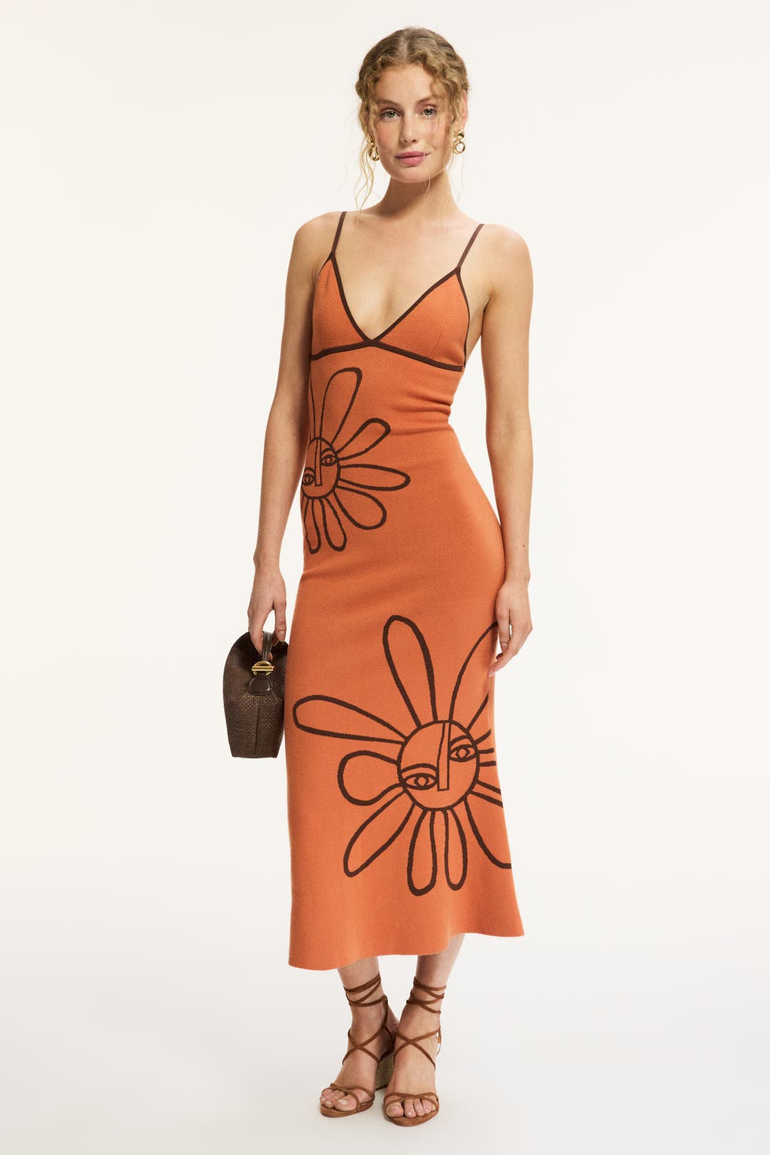 The Wolf Gang Soleil Knit Midi Dress Orange-brown-print