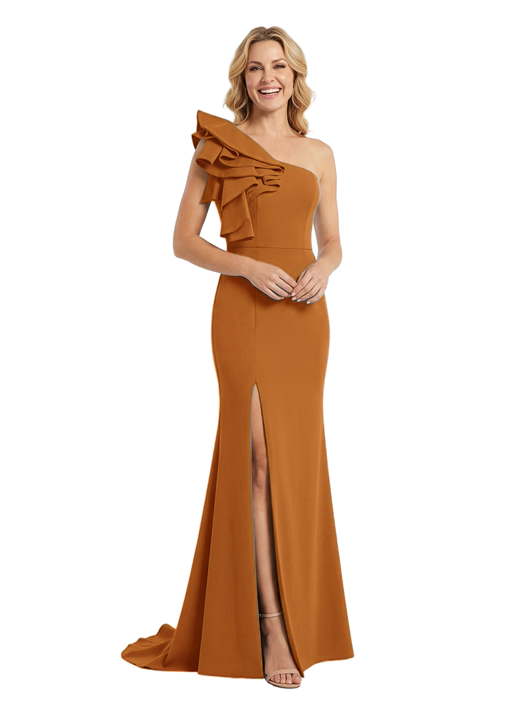 Chicsew Mother of The Groom Dress One Shoulder Side Slit Mermaid Ruffled Trumpet Maxi Gown