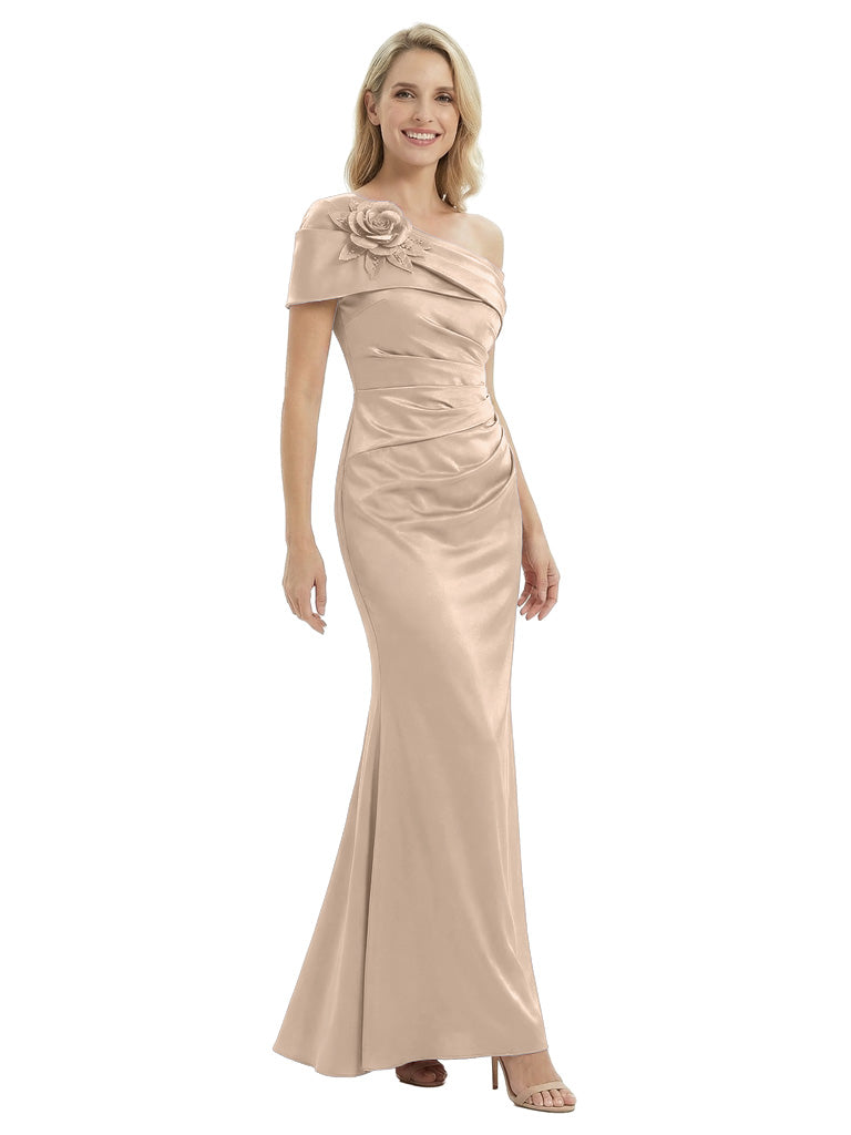 Modern Mother of The Bride Dress One Shoulder Ruched Satin Mermaid Long Evening Gown
