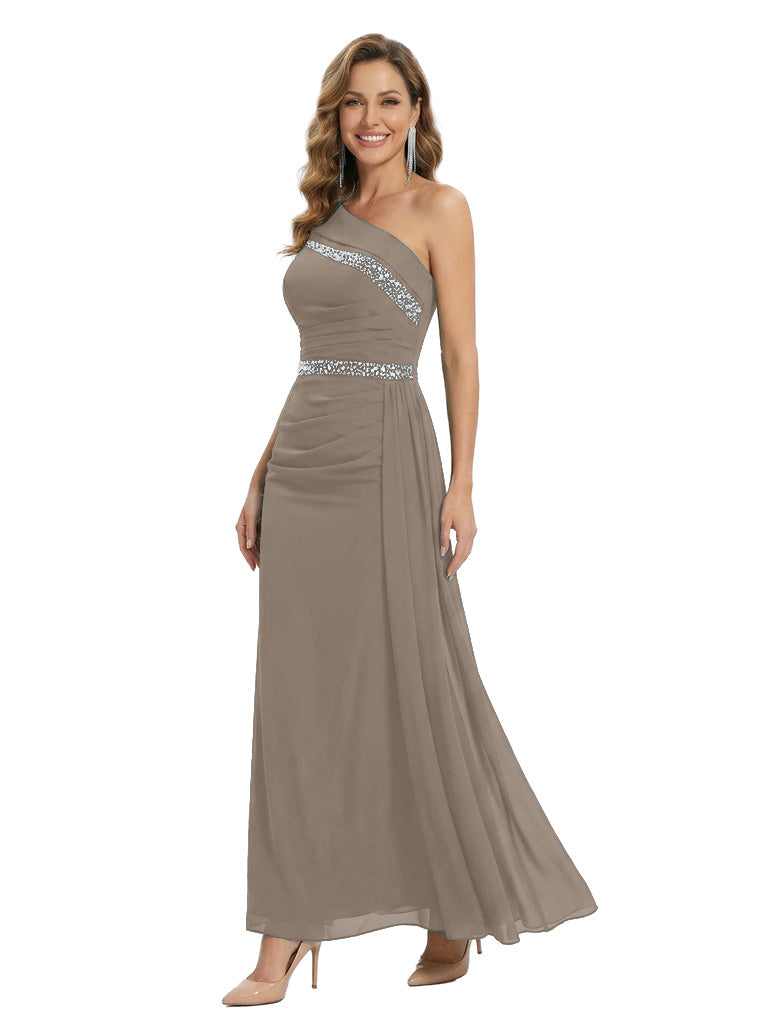 Classy One Shoulder Beaded Ruched Chiffon Maxi Mother Of The Bride Dress
