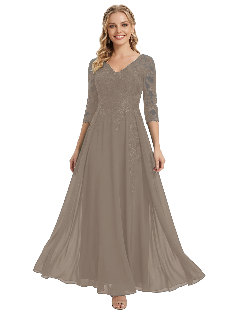 Chicsew Gorgeous Lace Embellished Mother of The Groom Dress Sleeves Flowy Chiffon Long Classy Formal Gown