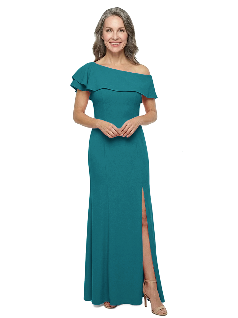 ChicSew Modern Ruffled Asymmetrical Neckline Jersey Mother Of The Bride Gown Floor Length Sheath Dress