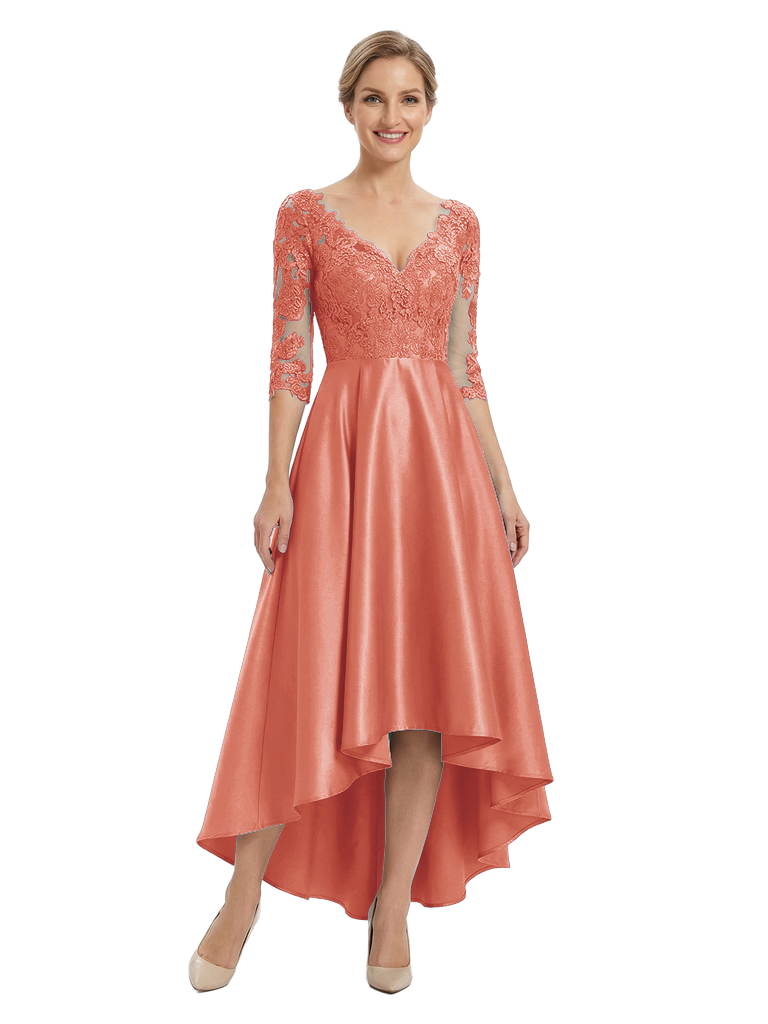 Chicsew Elegant V-Neck Lace Sleeves Satin High-Low A-Line Mother Of The Bride Dress