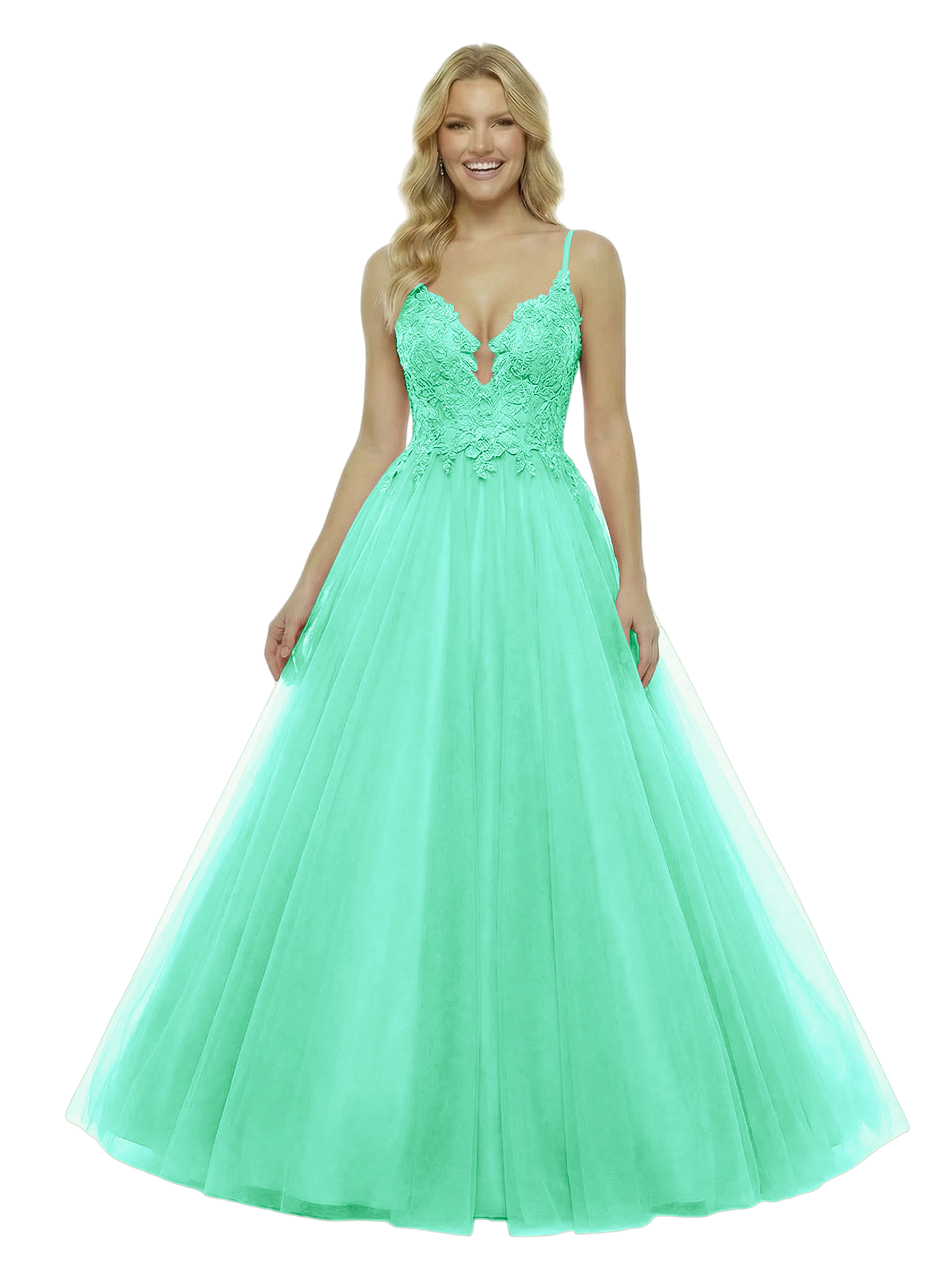ChicSew Elegant V-Neck Ball Gown Prom Dress Lace Tulle Fabric A-Line Long Formal Evening Gown
