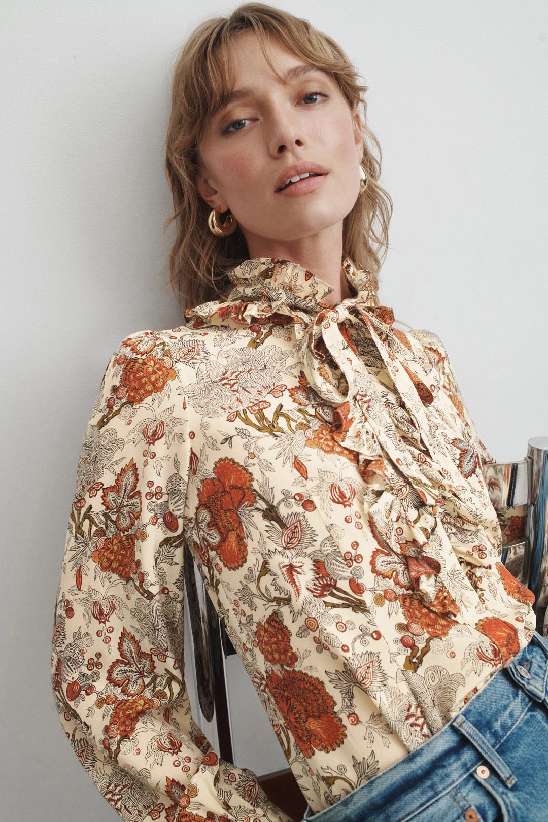 Ulla Johnson Catroux Silk Long Sleeve Button Front Blouse Multicolored-cream-print