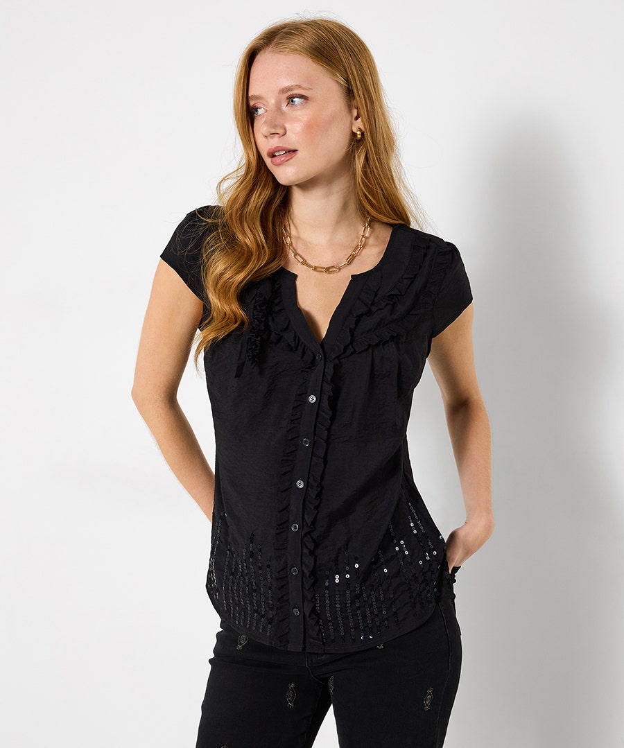 Women's Sequin And Corsage Blouse - Size - Black - by Joe Browns