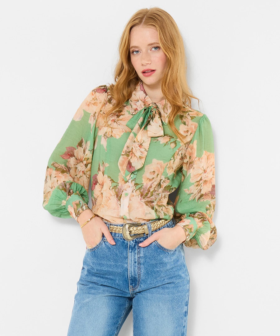 Women's Olivia Printed Blouse With Detachable Tie - Size - Green - by Joe Browns