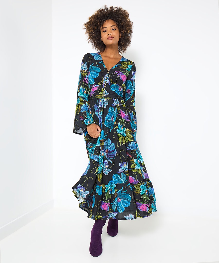 Women's Iris Florals Boho Maxi Dress - Size - Black - by Joe Browns
