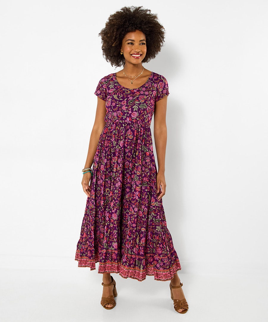 Women's Petite Heidi Crinkle Cotton Border Print Dress - Size - Purple - by Joe Browns