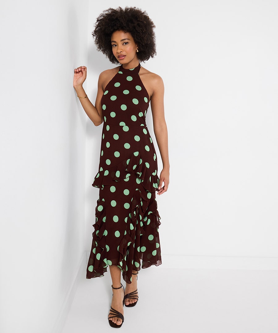 Women's Margot Polka Dot Halter Neck Dress - Size - Chocolate - by Joe Browns