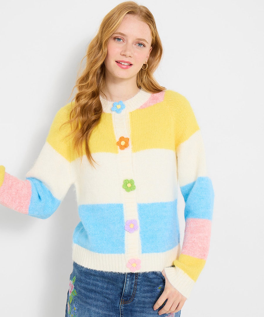 Lola Flower Button Stripe Cardigan - Size - Cream - by Joe Browns