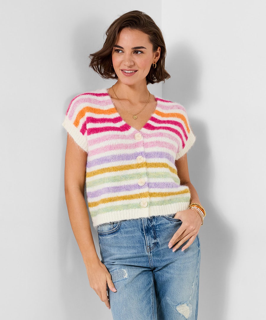 Lucie Stripe Sleeveless Cardigan - Size - Cream - by Joe Browns