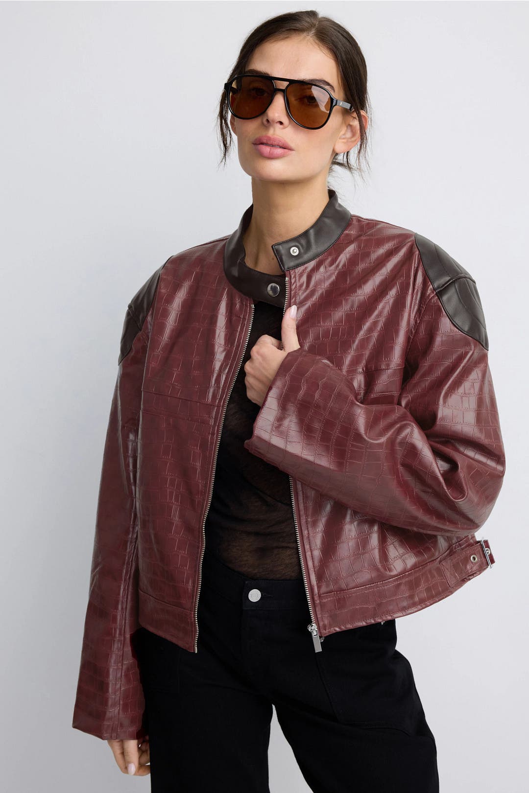 Weworewhat Cropped Biker Jacket Red-black-print