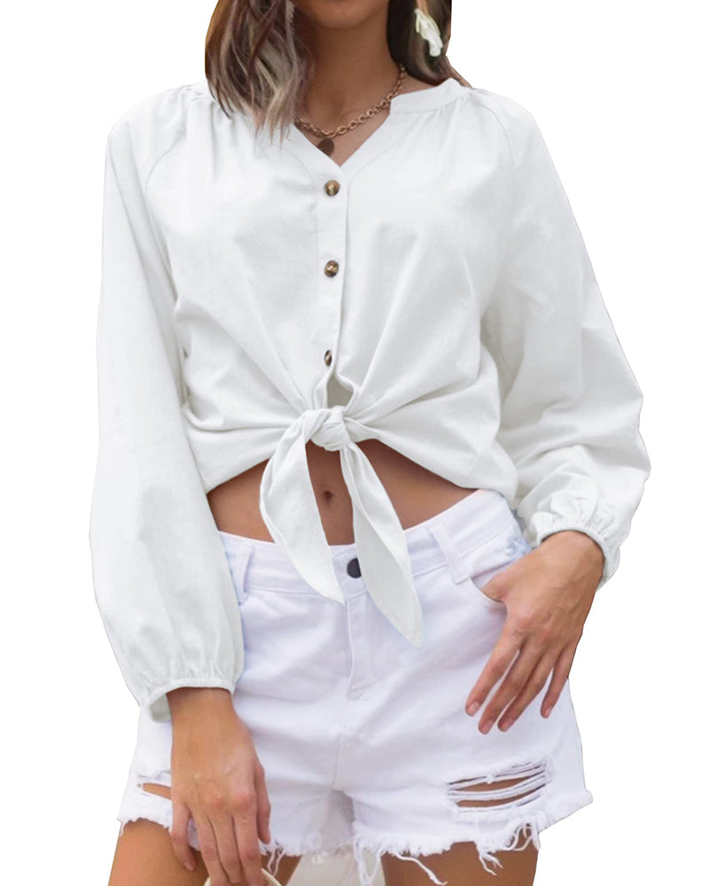 Tie Knot Front Tops Cotton Blouse Shirts - Zeagoo- White S