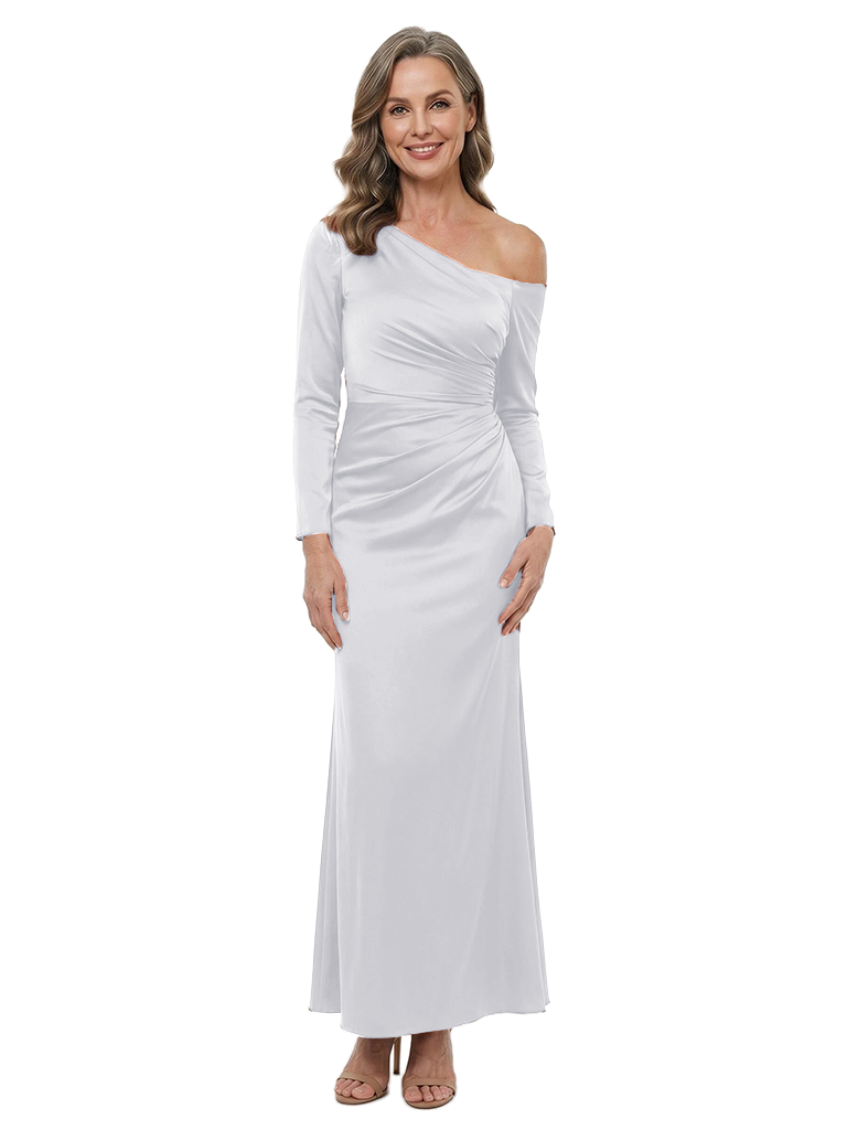 ChicSew Asymmetrical Long Sleeves Ruched Satin Ankle Length Mermaid Mother of the Bride Dress