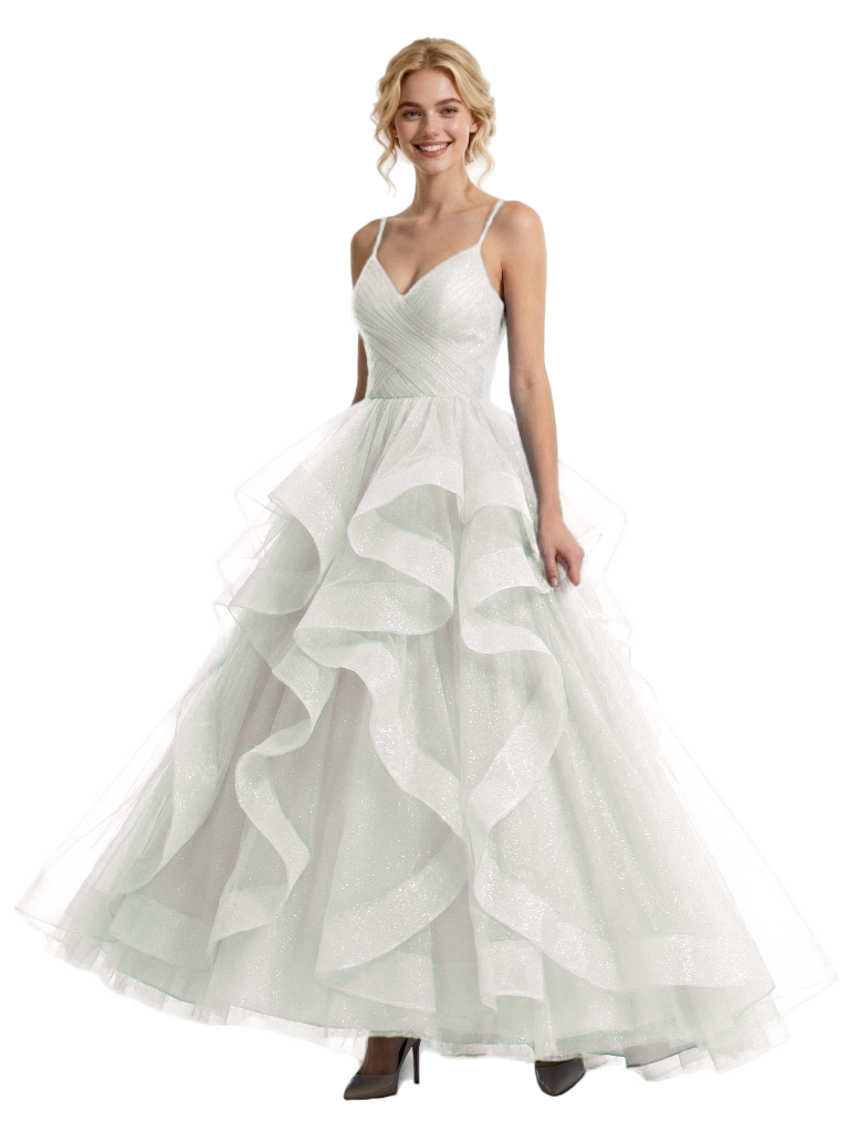 Modern Ruffled Spaghetti Strap Prom Dress Sparkly Tulle Ball Gown Unique Layered Formal Evening Wear