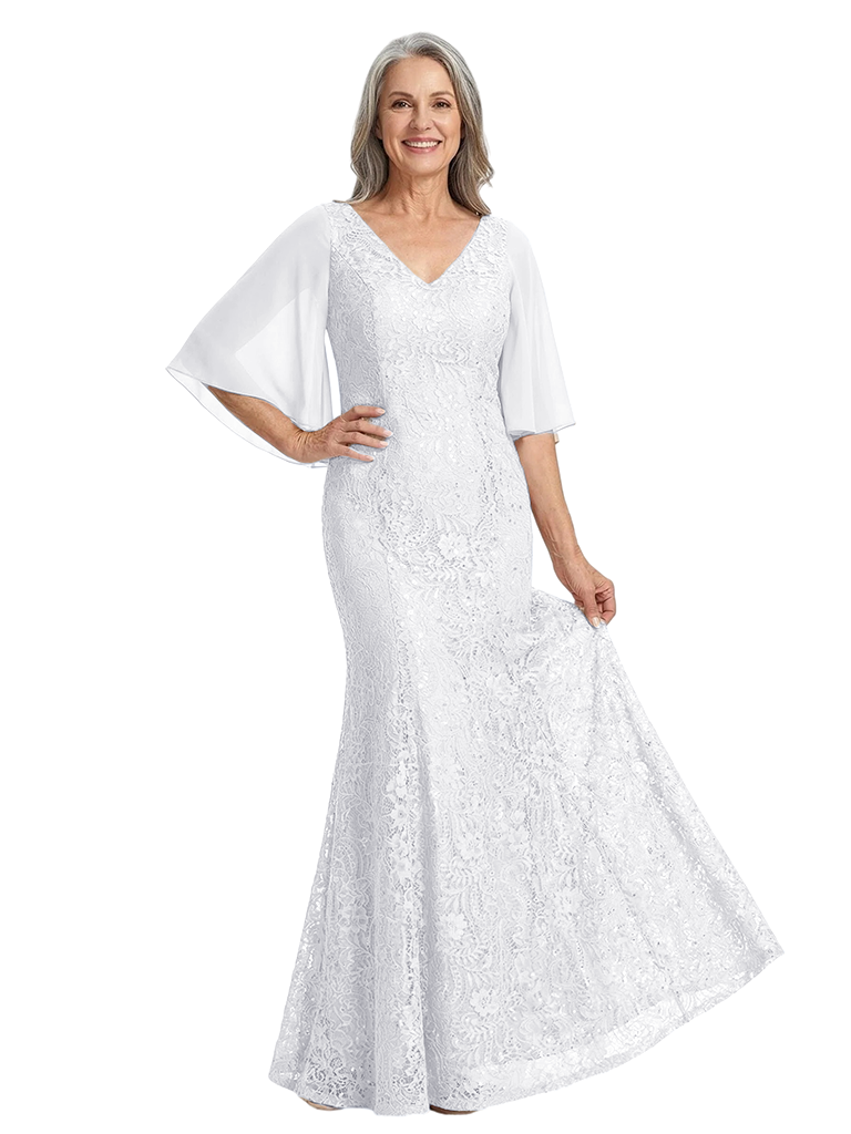 ChicSew Flutter Sleeves V-Neck Lace Appliques Sequin Chiffon Mermaid Mother Of The Groom Dress