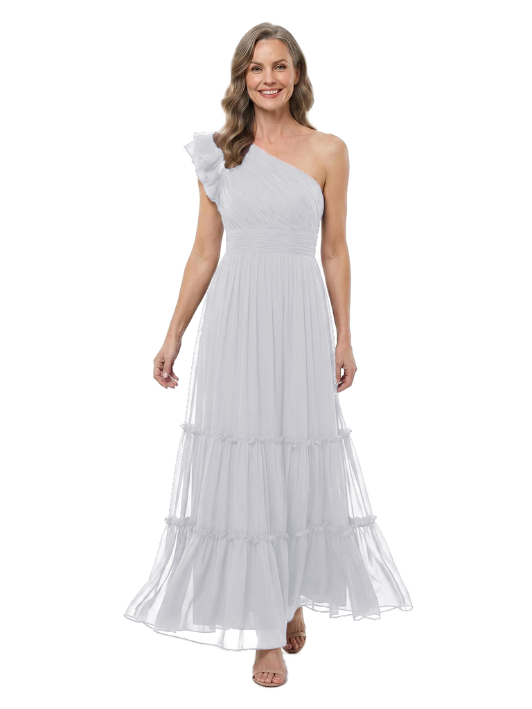 ChicSew One Shoulder Ruffle Chiffon Tiered A-Line Long Mother of the Bride Dress