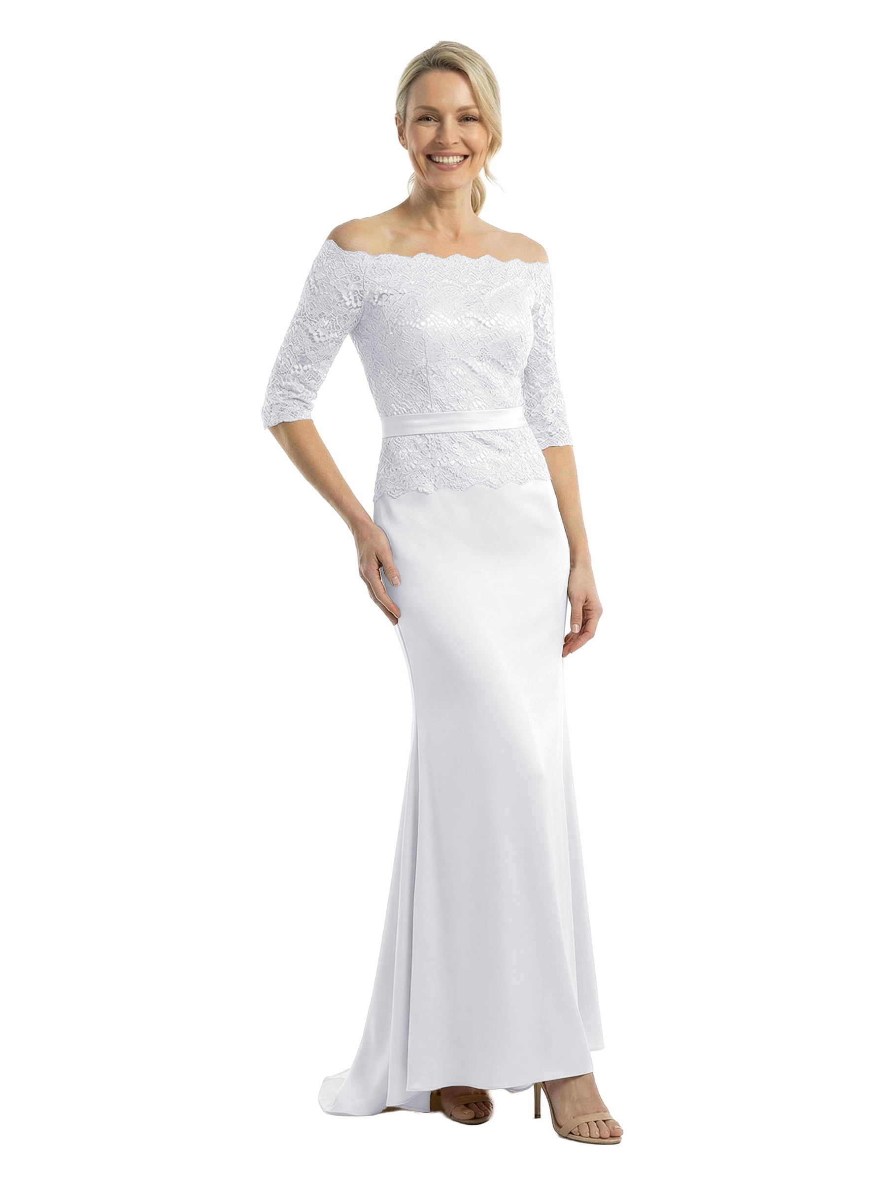 Chicsew Off Shoulder Sleeves Mother Of The Bride Dress Maxi Mermaid Satin Gown with Lace Applique