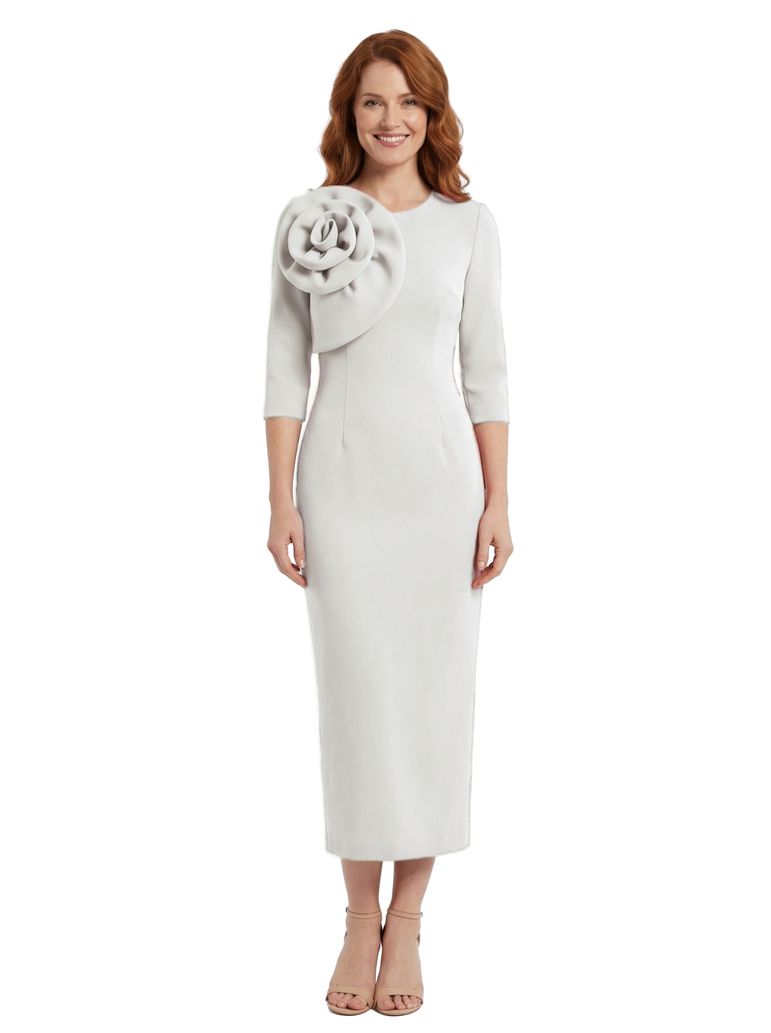 Chicsew Mother of The Groom Dress Unique Jewel Sleeve Crepe Sheath Midi Gown Flower Accent