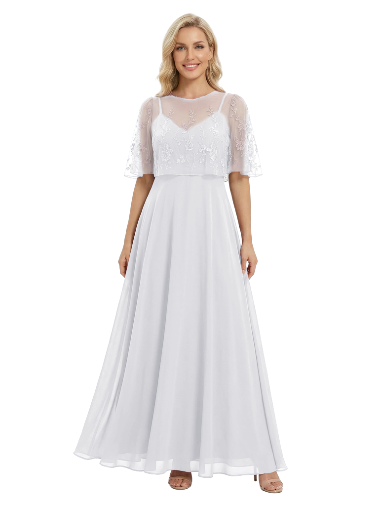 Chicsew Mother of The Groom Dresses Scoop Cape Sleeve Chiffon Maxi Gown Pretty Lace Applique Formal Bridal Event Dress