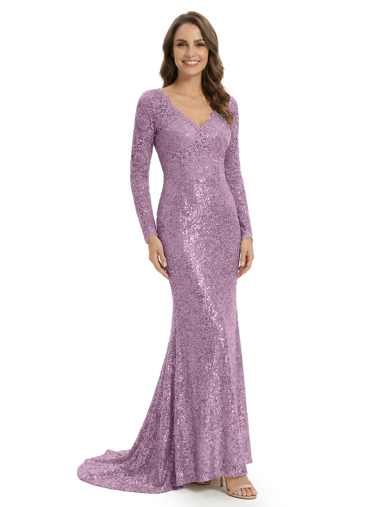 Sparkly Lace Sequin Mother Of The Groom Dress V-Neck Long Sleeve Mermaid Formal Gown