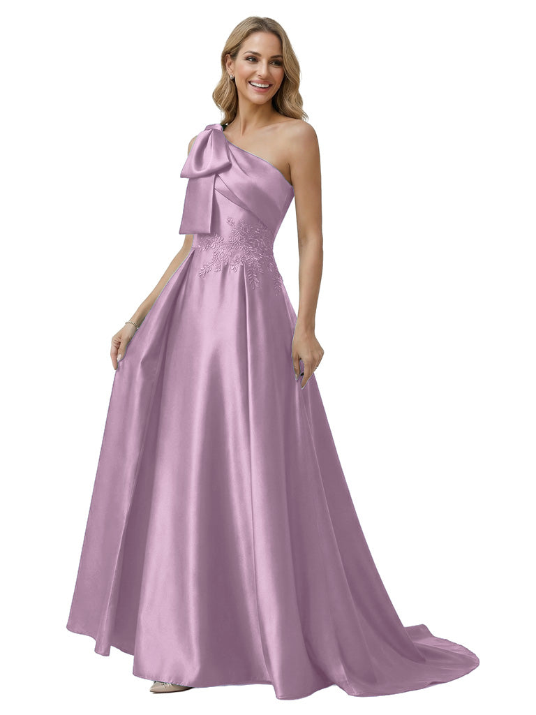 Sexy Mother Of The Bride Dress One Shoulder Applique Satin Fitted Long Draped Formal Gown