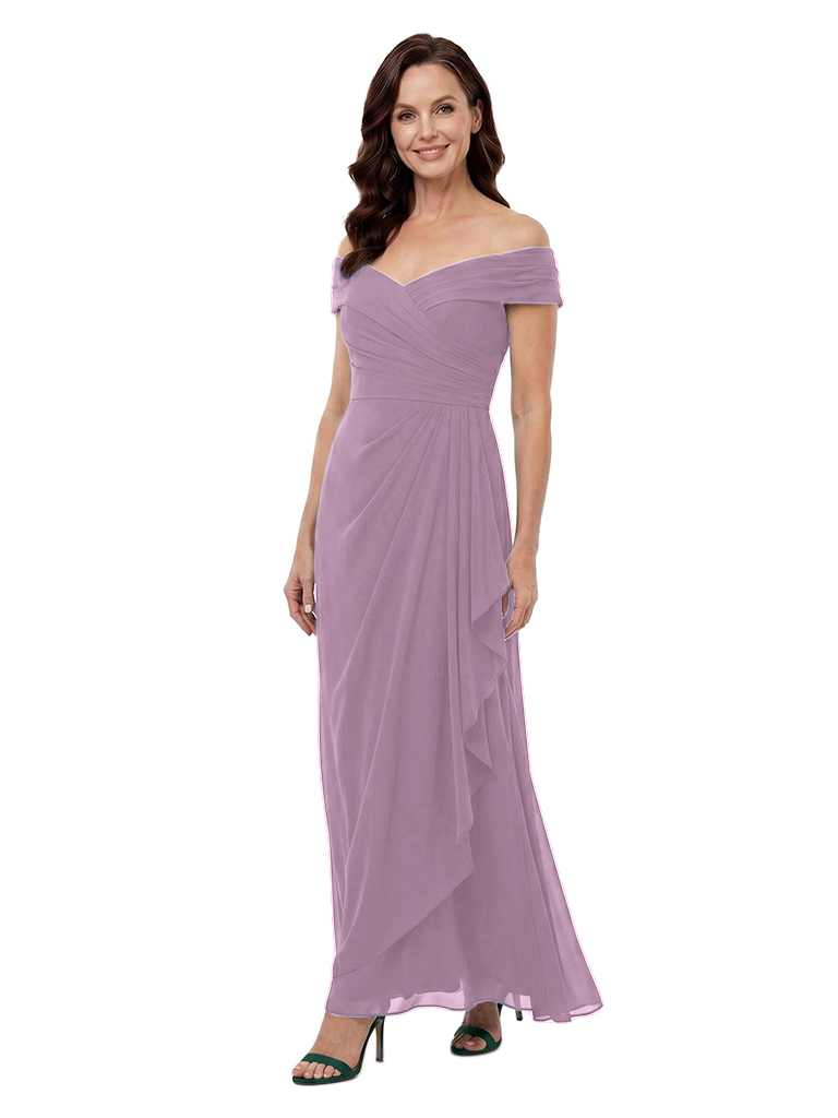 ChicSew Off The Shoulder Ruched Chiffon Floor Length A-Line Mother of the Bride Dress With Ruffle