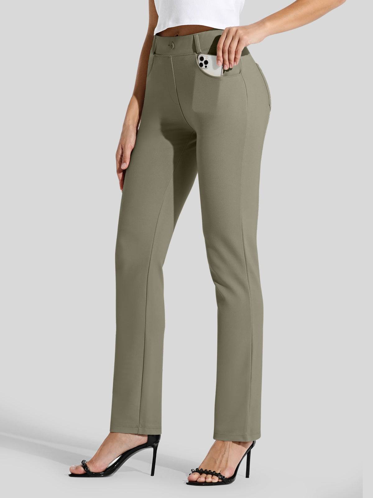 Women's Straight Leg Yoga Dress Pants Petite - Sage Green Inch