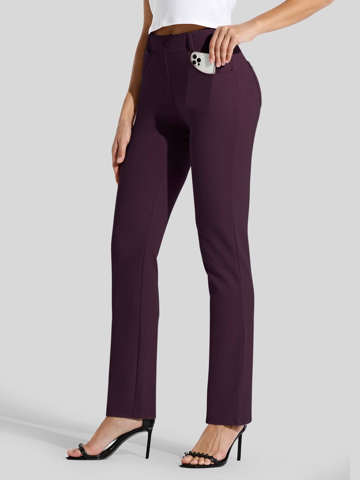 Women's Straight Leg Yoga Dress Pants Petite - Wine Red Inch