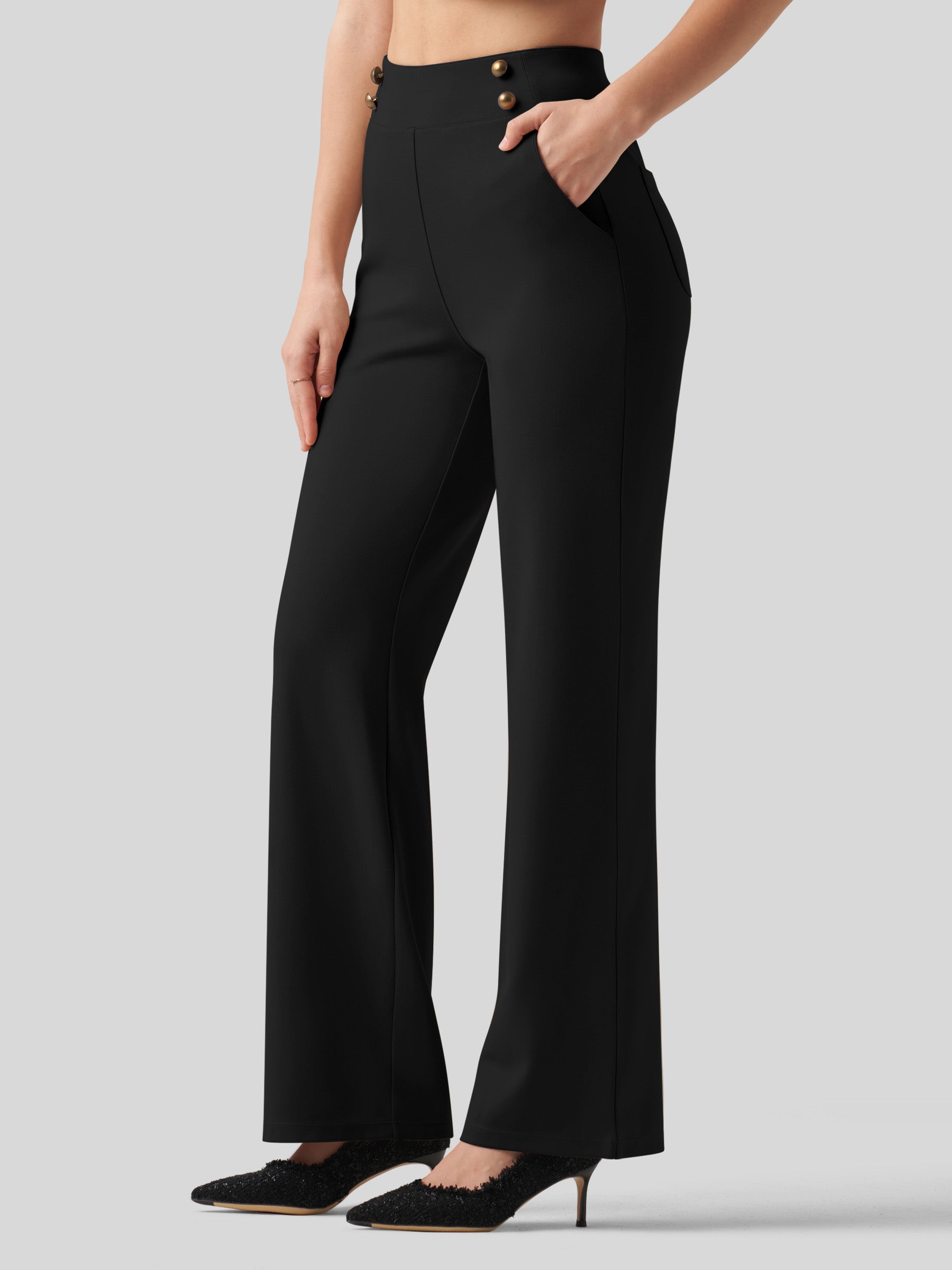 Women's Smooth Wide Leg Yoga Dress Pants - Black Inch