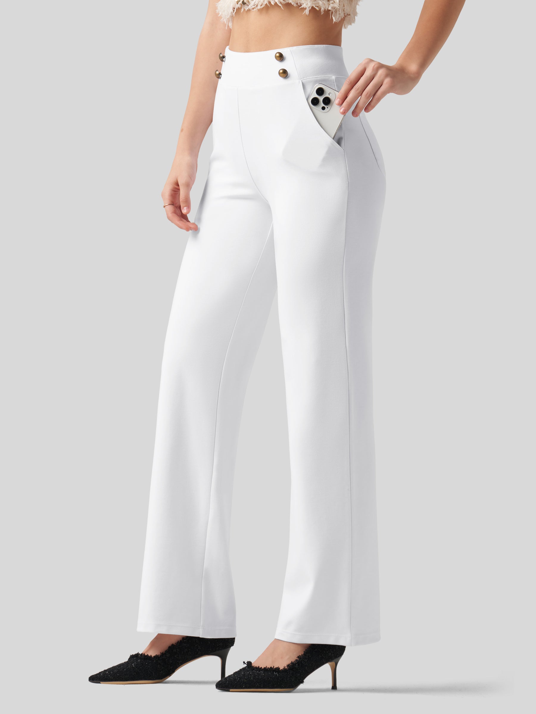 Women's Smooth Wide Leg Yoga Dress Pants - White Inch