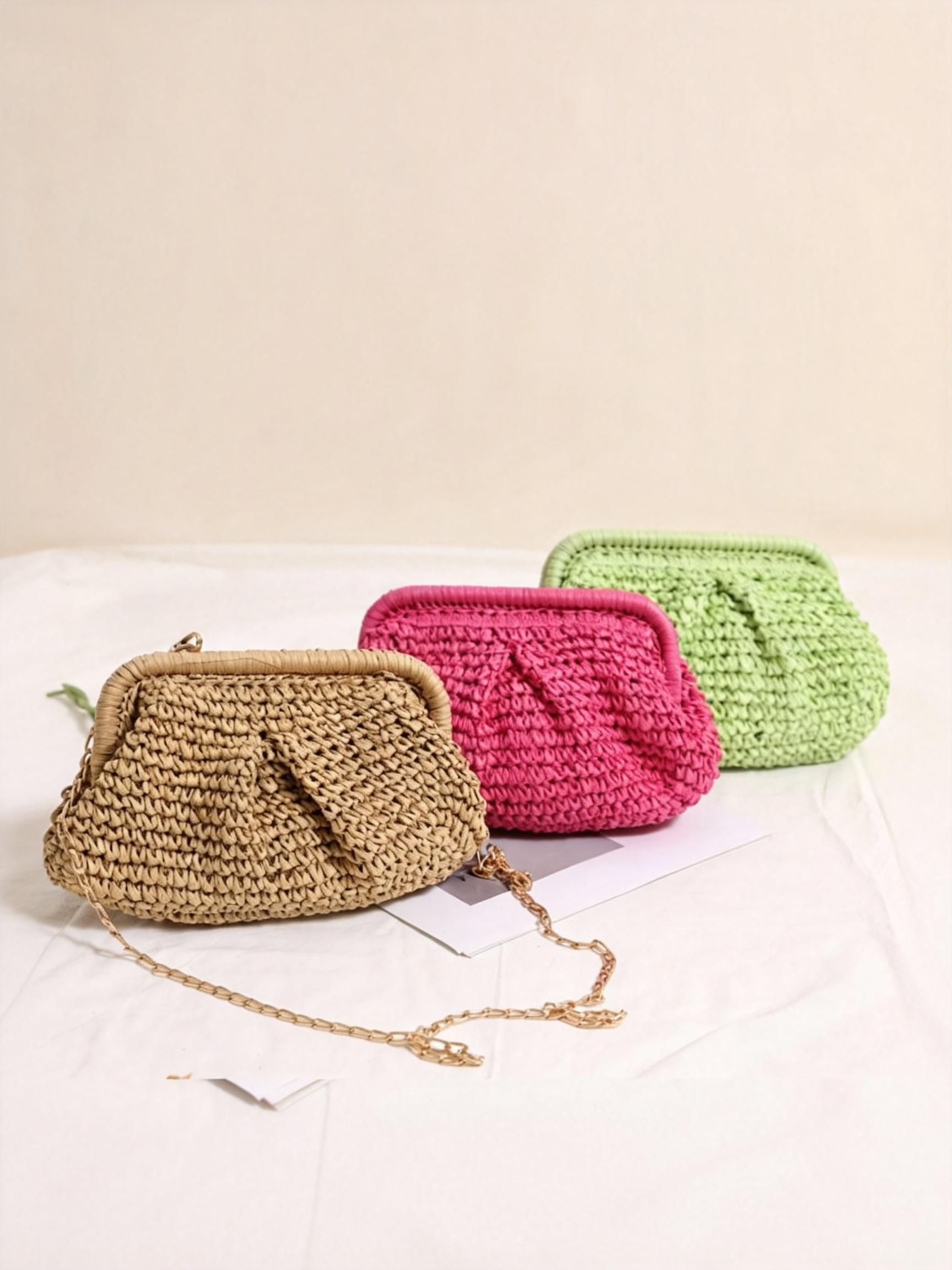 Woven Straw Crossbody Bag with Chain Strap - Green One Size