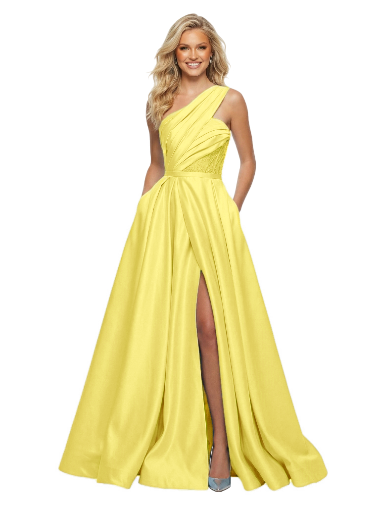 Unique One Shoulder Formal Evening Gown High Slit Satin Prom Dress Lace Bodice Fancy Pockets Flowy Silhouette